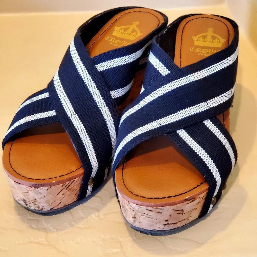 Cork Wedge Navy Blue & White Sandals Slip On Shoes Wedge Nautical Espadrilles